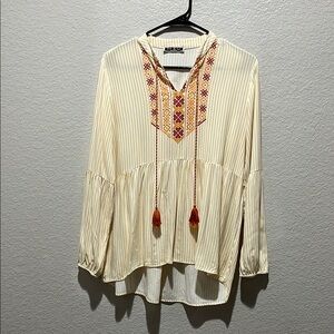 M&W Cream Yellow Embellished Long Sleeve Blouse Embroidered Sz M Boho TC0614